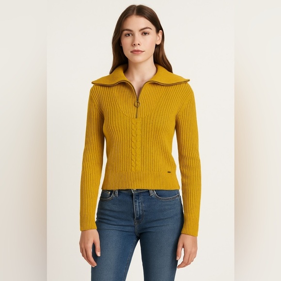 Guess Sweaters - Guess Mustard Yellow Ribbed Knit Half-Zip Sweater Women’s Size M